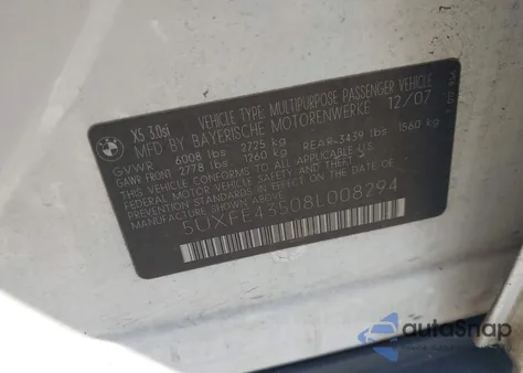 2008 BMW X5 3.0Si из США, поврежденный, VIN 5UXFE43508L008294